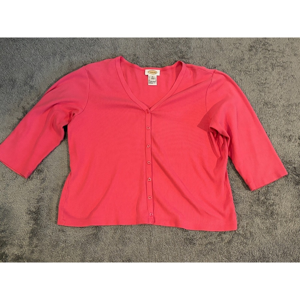 Talbots Cardigan Sweater Womens XL Pink Ribbed Cotton V-Neck 1/2 Sleeve
